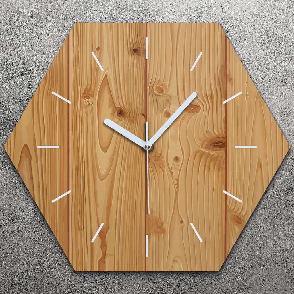 Uhr hexagonal 40 cm Glas Geräuschlos weiße Zeiger - Helles Holz