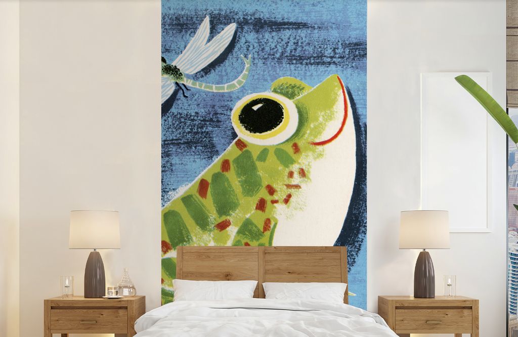 MuchoWow Fototapete für Wohnzimmer oder Schlafzimmer Wandtapete Vinyl Motivtapete Frosch - Libelle - Blau - 120x240 cm - Hintergrundbild