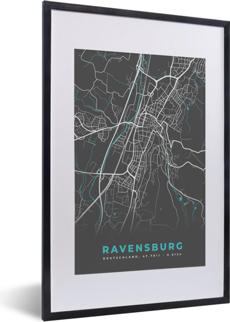 MuchoWow Gerahmtes Poster Karte - Ravensburg - Blau - Stadtplan - Deutschland 40x60 cm - Poster mit Schwarzem Bilderrahmen Wandposter Rahmen Foto...