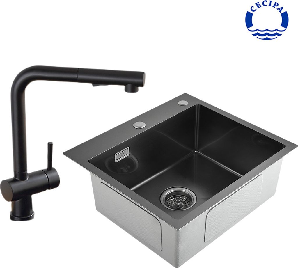 CECIPA Schwarzgraues Einzelbecken-Spülbecken mit Siphon und Überlauf + schwarzer ausziehbarer Küchenarmatur mit drehbarem Auslauf