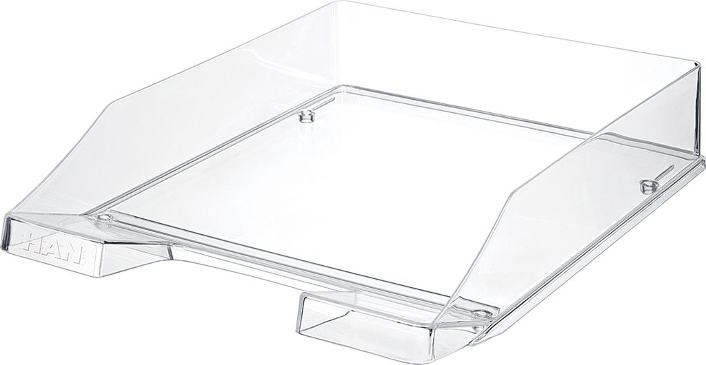 A clear plastic document tray is shown from a slightly elevated angle against a white background.