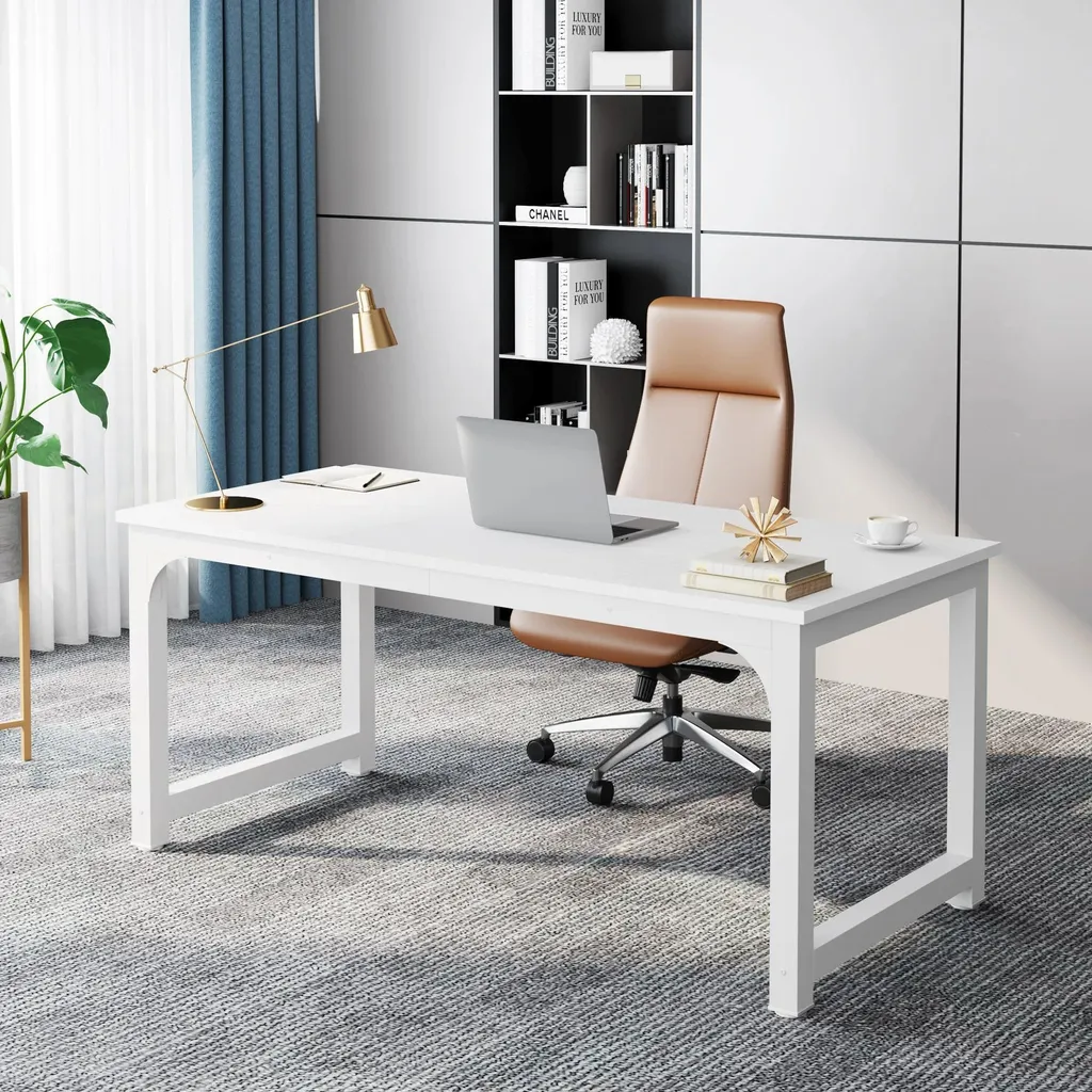 Bureau de Travail Rectangulaire 160 cm Blanc, Table de Bureau Spacieuse
