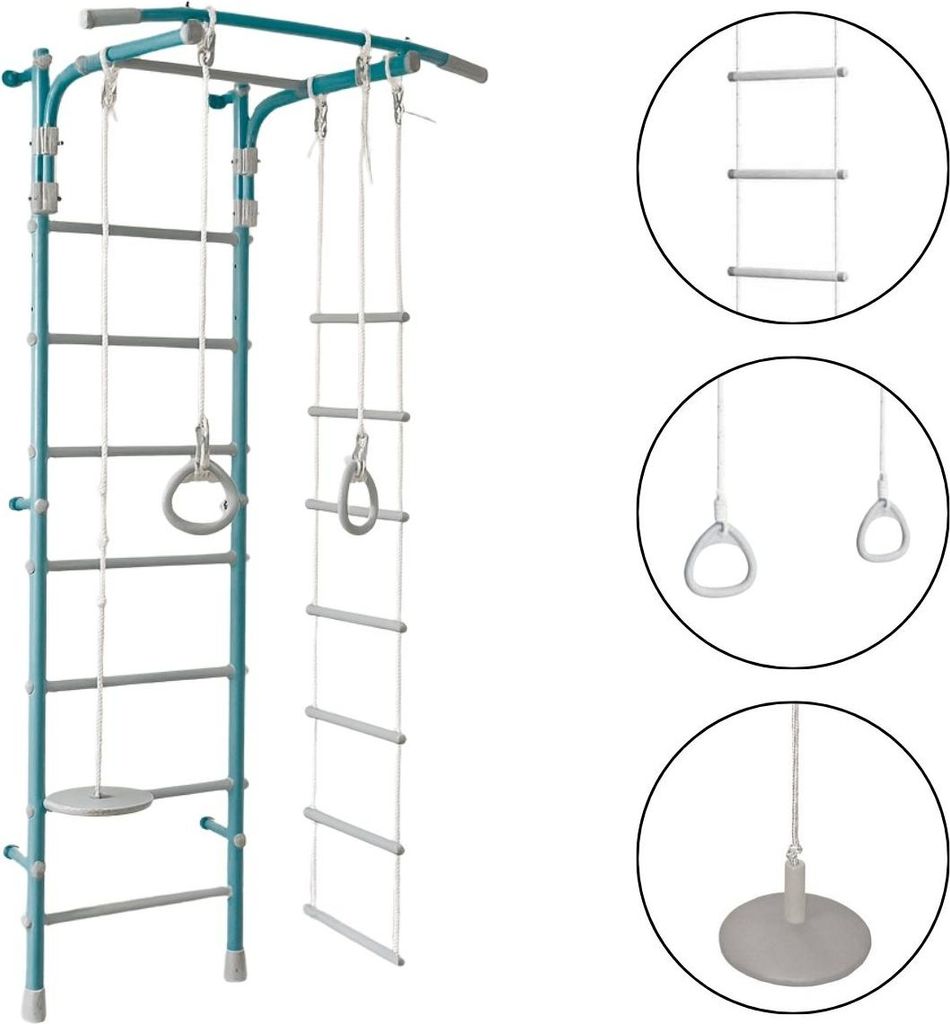 Sprossenwand für Kinder Indoor Klettergerüst aus Metall mit Strickleiter und Gymnastikräder – Gamma Pastell 2, türkis