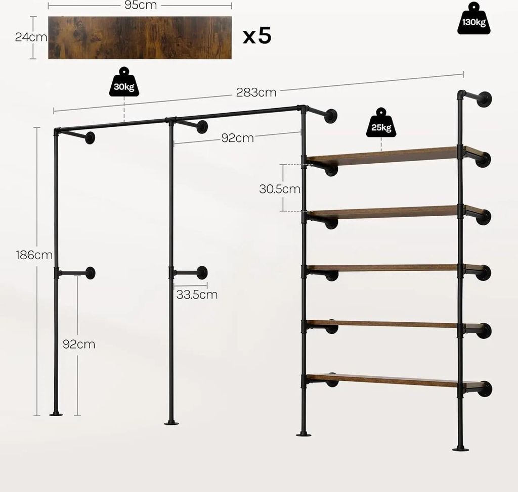 Wandmontierte Garderobe - Offener Kleiderschrank - 5 Ablagen 2 Kleiderstangen - MDF & Metall - Industrial Style - Einfache Montage - Grün