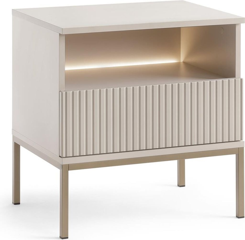 BETTSO Nachttisch SENTINO Kaschmir – Moderner Nachtschrank mit LED-Beleuchtung, geriffelter Front und goldfarbenem Metallgestell