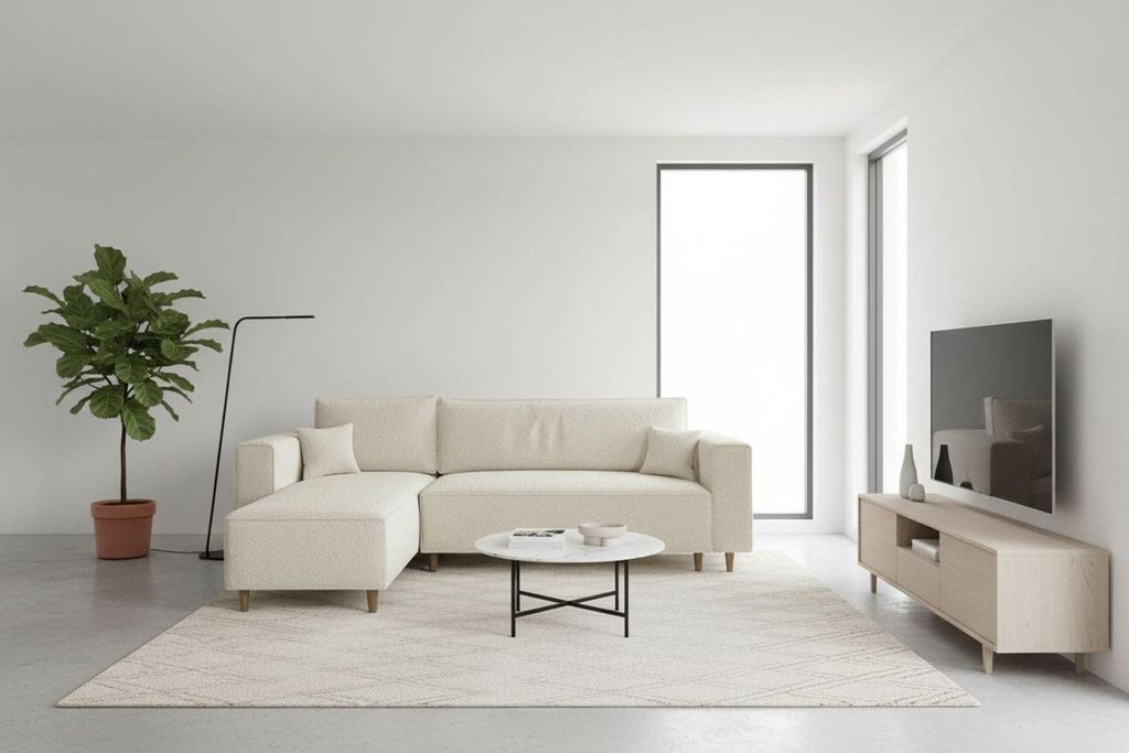 Ecksofa RIO, Eckcouch in L-Form mit Schlaffunktion und Bettkasten, Farbe: Creme, Bouclé-Stoff, Ottomane Universal