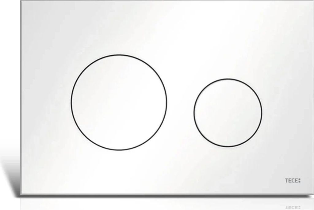 A white toilet flush plate with two circular buttons, one larger than the other, and the brand name 'TECE' at the bottom right.