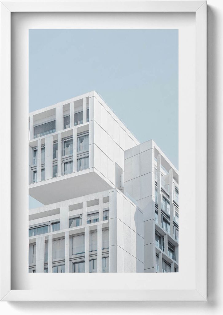 Weiße minimalistische Gebäudearchitektur– Wandbild mit Rahmen – Gerahmtes Bild – Wanddekoration – 40x60 cm – Weiß
