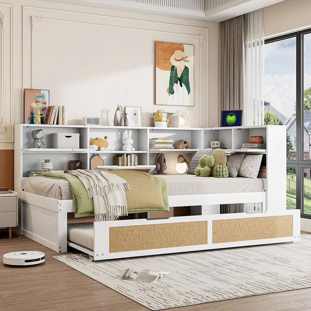 Canapé-lit 90x200 Sweiko avec lit gigogne et rangements intégrés Blanc