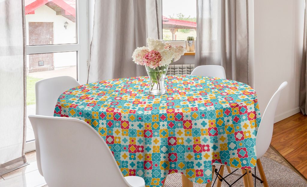 ABAKUHAUS Blumen Runde Tischdecke, Clover Vivid Ki, Kreis Tischdecke Abdeckung für Esszimmer Küche Dekoration, 150 cm, Rot Türkis Gelb