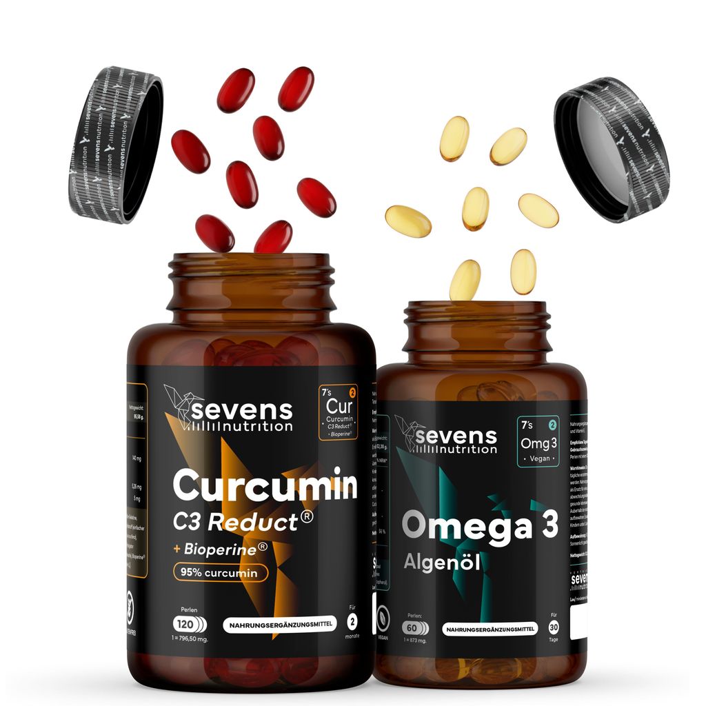 Kurkuma C3 Reduct mit BioPerine 120 Kapseln + Omega 3 Algenöl 60 Kapseln mit 1000 mg DHA – Set – Sevens Nutrition