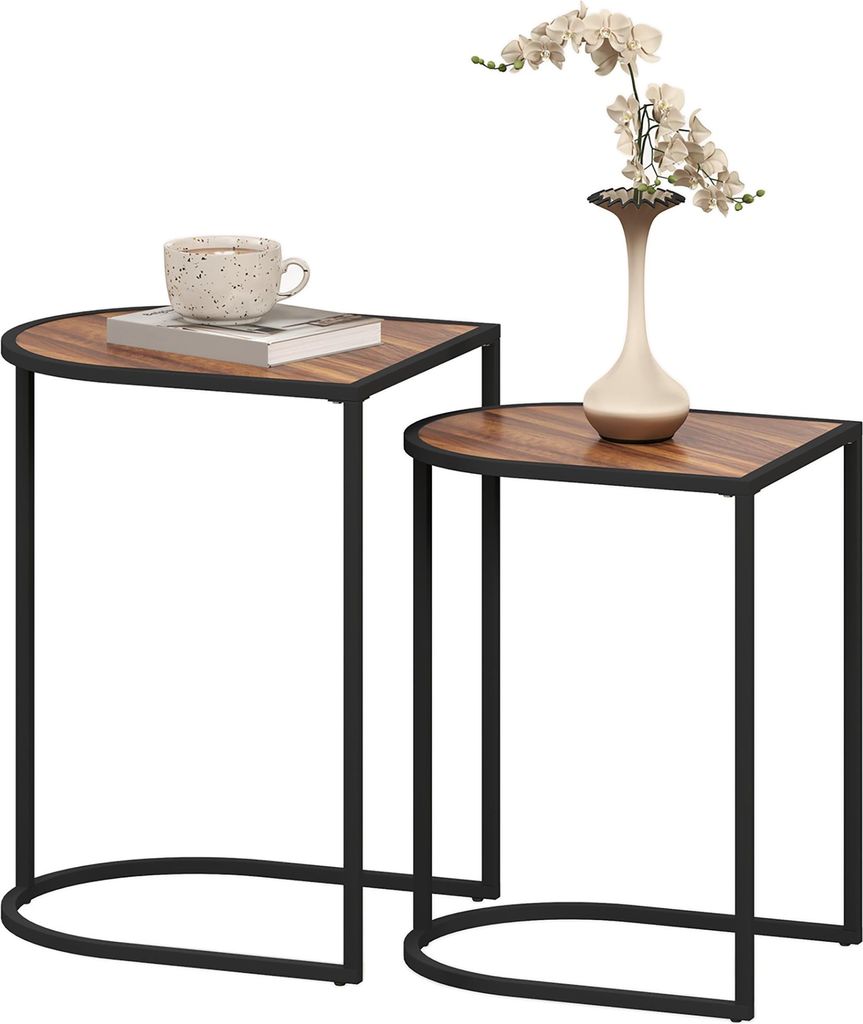 Satztisch-Set, Beistelltische, Metallrahmen, Tischplatte in Holzoptik, Braun