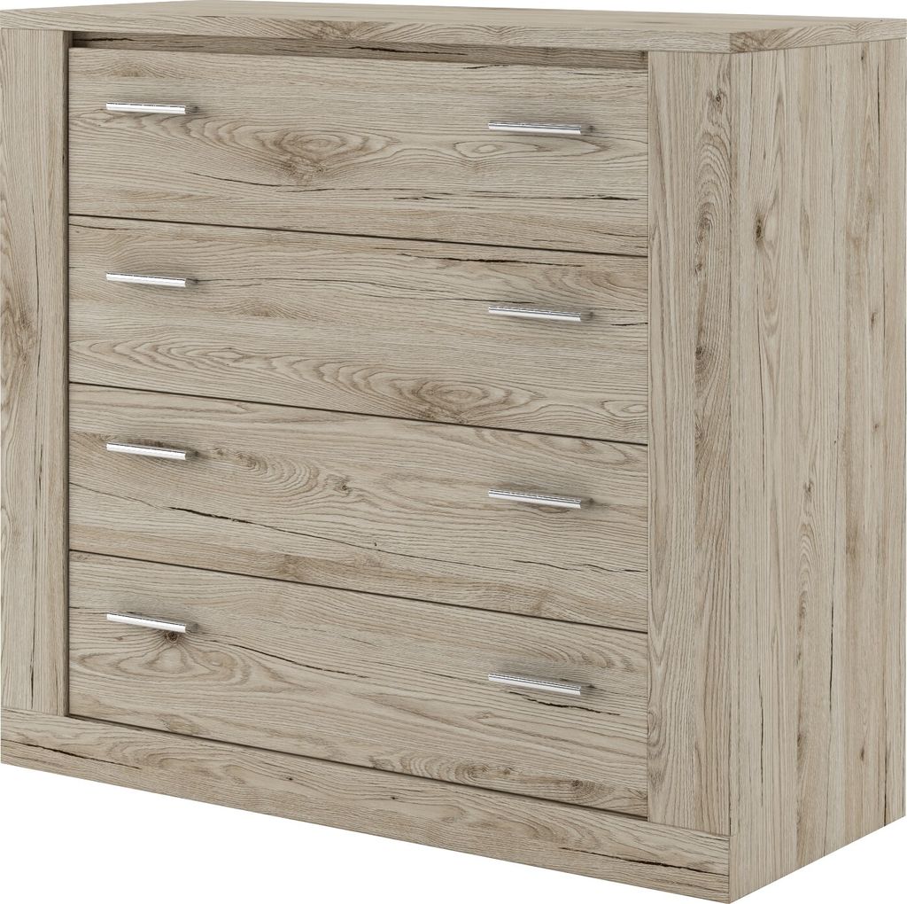 A chest of drawers with four drawers, made of wood-like material with metal handles.