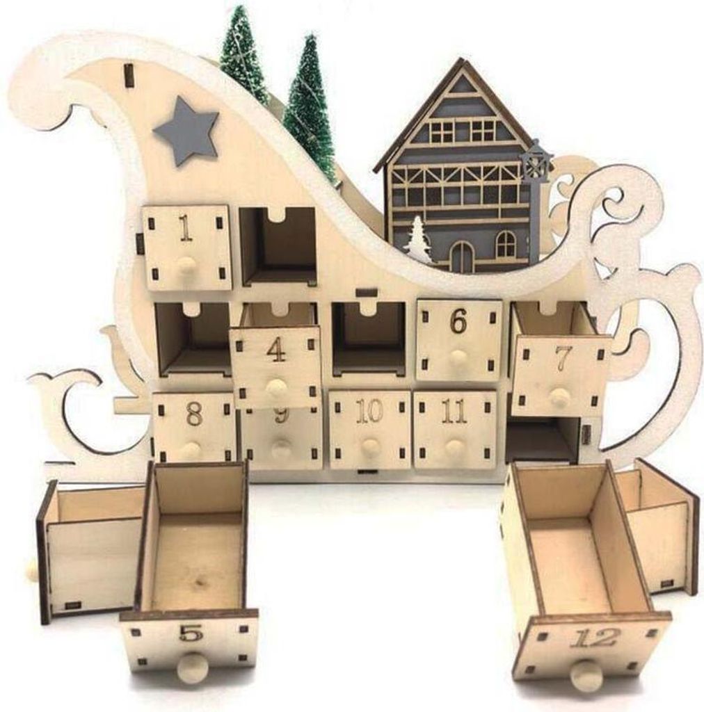 Holz Adventskalender in Schlittenform - Naturfarbener Weihnachtszählkalender mit 24 Fächern, Rustikale Weihnachtsdekoration