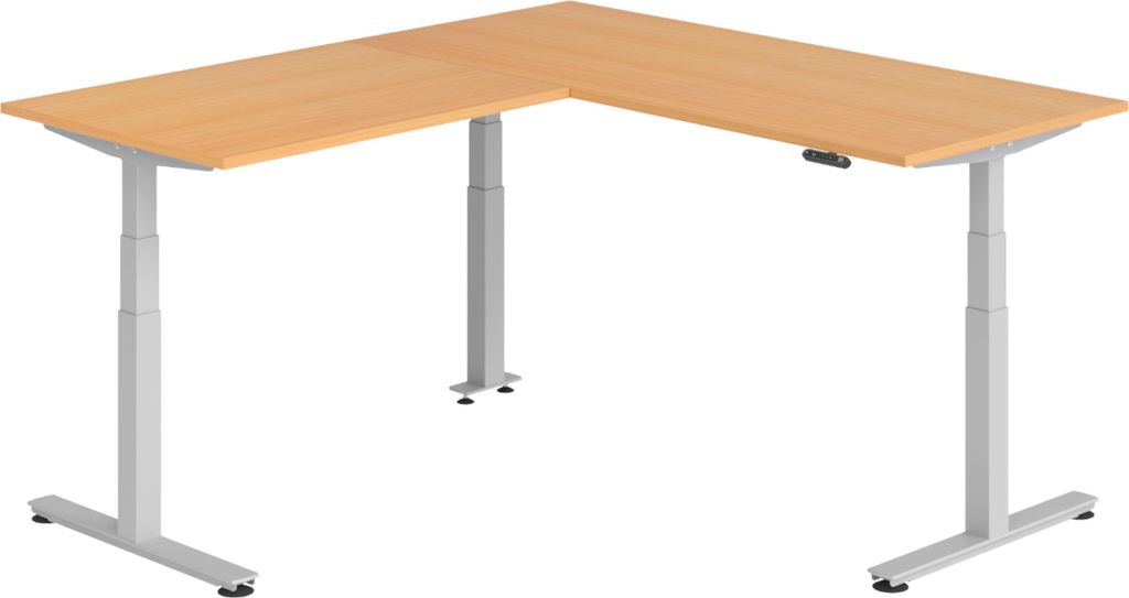 bümö Eckschreibtisch elektrisch höhenverstellbar L-Form - Gestell: Silber, Nachbildung: Buche, Größe: Eckschreibtisch 180 x 200 cm
