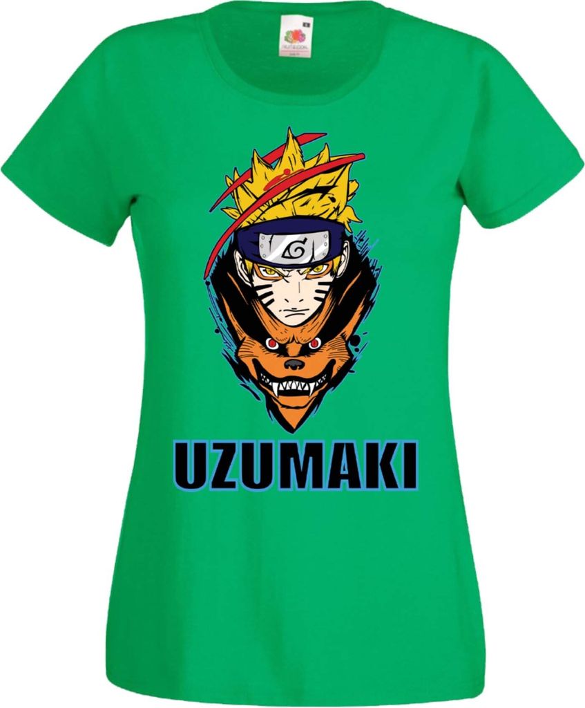 Damen T-Shirt Manga Anime Naruto Uzumaki 01 Fox Kid, Lady L / Grün
