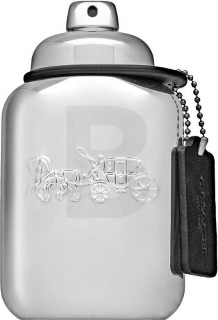 A silver perfume bottle with a black tag and chain.