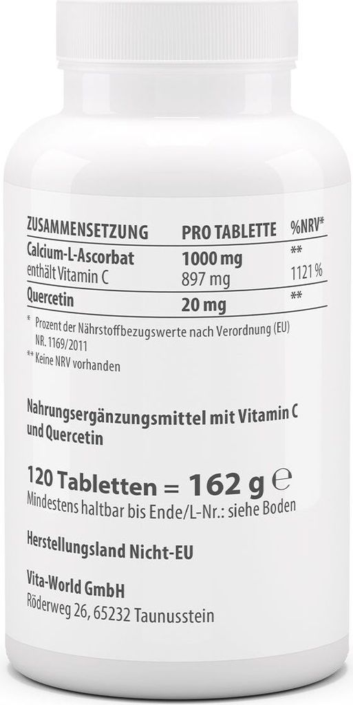 Vitaworld Vitamin C 1000 gepuffert + Quercetin | 120 Tabletten | magenschonend | hochdosiert | vegan