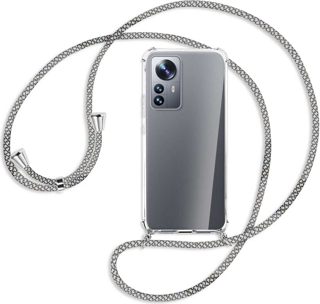 Handykette Backcover-Schutzhülle mit Band (Metall silberfarben) für Xiaomi 12 Pro - weiß/grau kariert