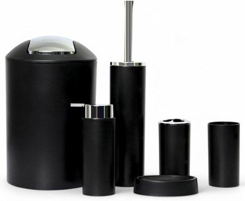 Ultiluxe Badezimmer Set 6-teilig - Schwarz - Mülleimer, Toilettenbürste, Seifenspender, Bürstenhalter, Becher, Zahnputzhalter, Seifenschale