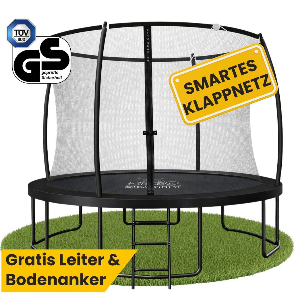 Zero Gravity Trampolin Ø 305 cm inkl. Leiter & 4 Bodenanker / Schneller Auf- und Abbau dank smartem Klappnetz / Max. 120 kg / Ultima 4 Black-Edition