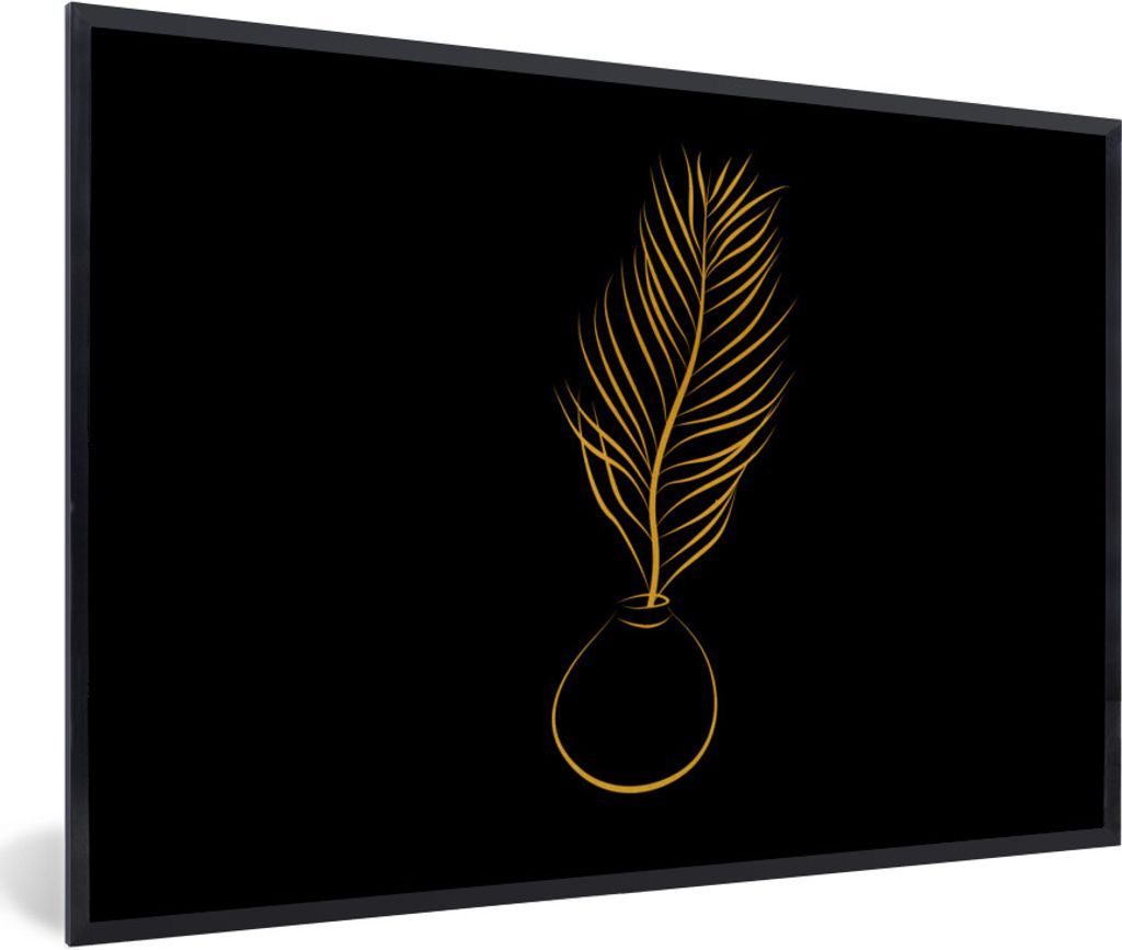 MuchoWow Gerahmtes Poster Topf - Pflanze - Gold - Linienkunst 90x60 cm - Poster mit Schwarzem Bilderrahmen Wandposter Rahmen Foto Bilder - Fotora...