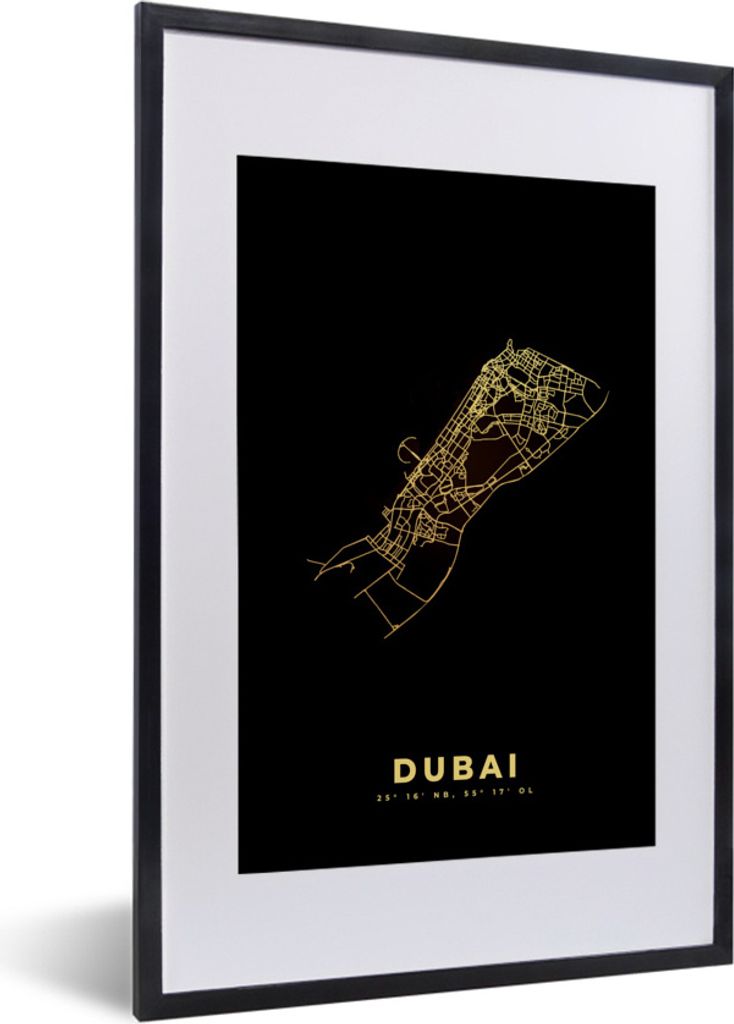 MuchoWow Gerahmtes Poster Dubai - Stadtplan - Schwarz und Gold 40x60 cm - Poster mit Schwarzem Bilderrahmen Wandposter Rahmen Foto Bilder - Poste...