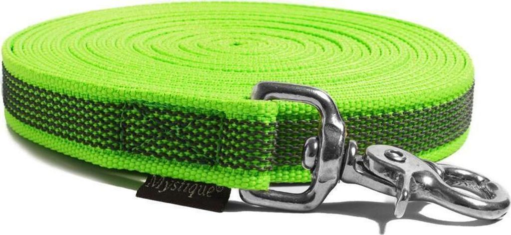 Mystique Gummierte Schleppleine 20mm mit HS rostfreiem Scherenkarabinerhaken neon grün 7,5m