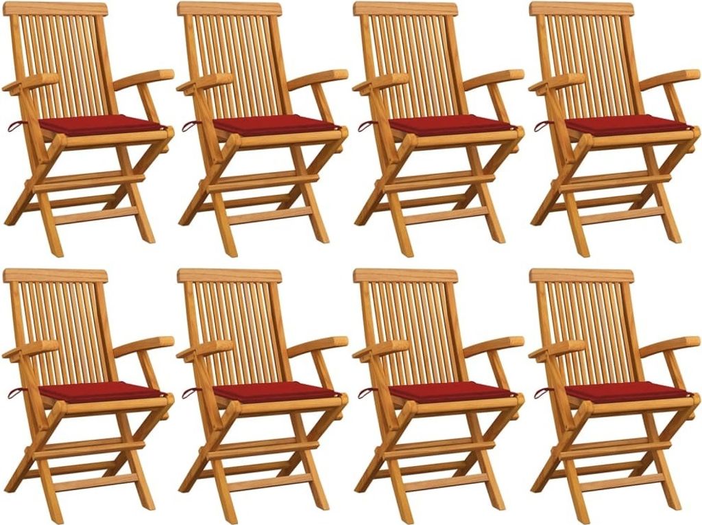 Gartenstühle mit Roten Kissen 8 Stk. Massivholz Teak
