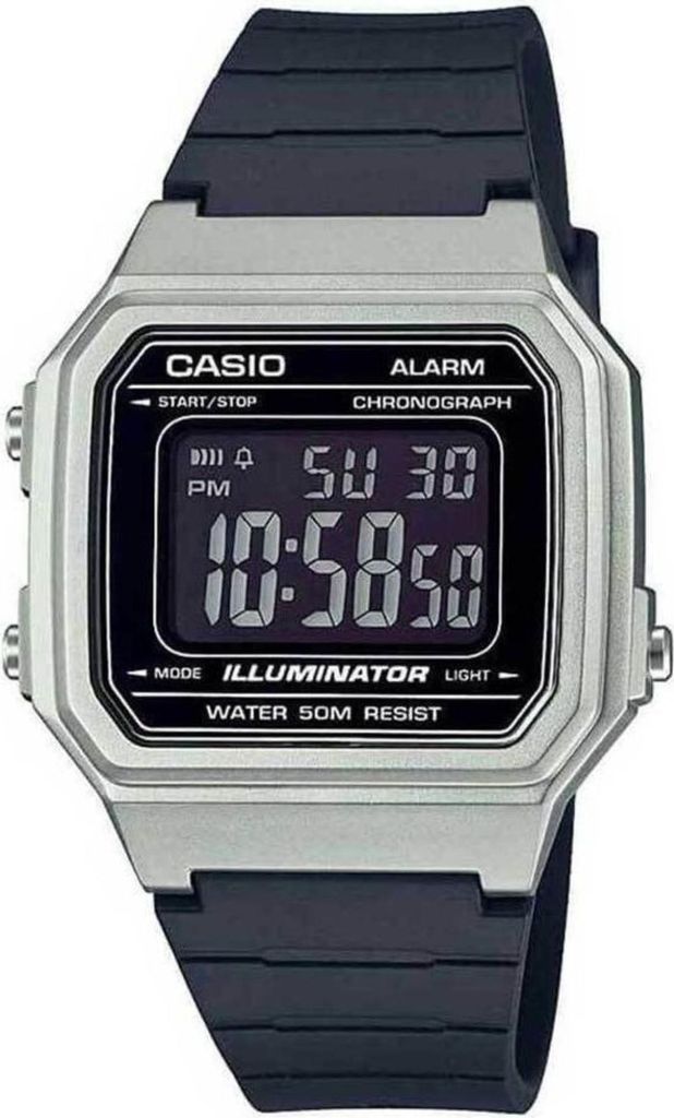 A close-up studio shot of a Casio digital watch with a black strap and silver casing.