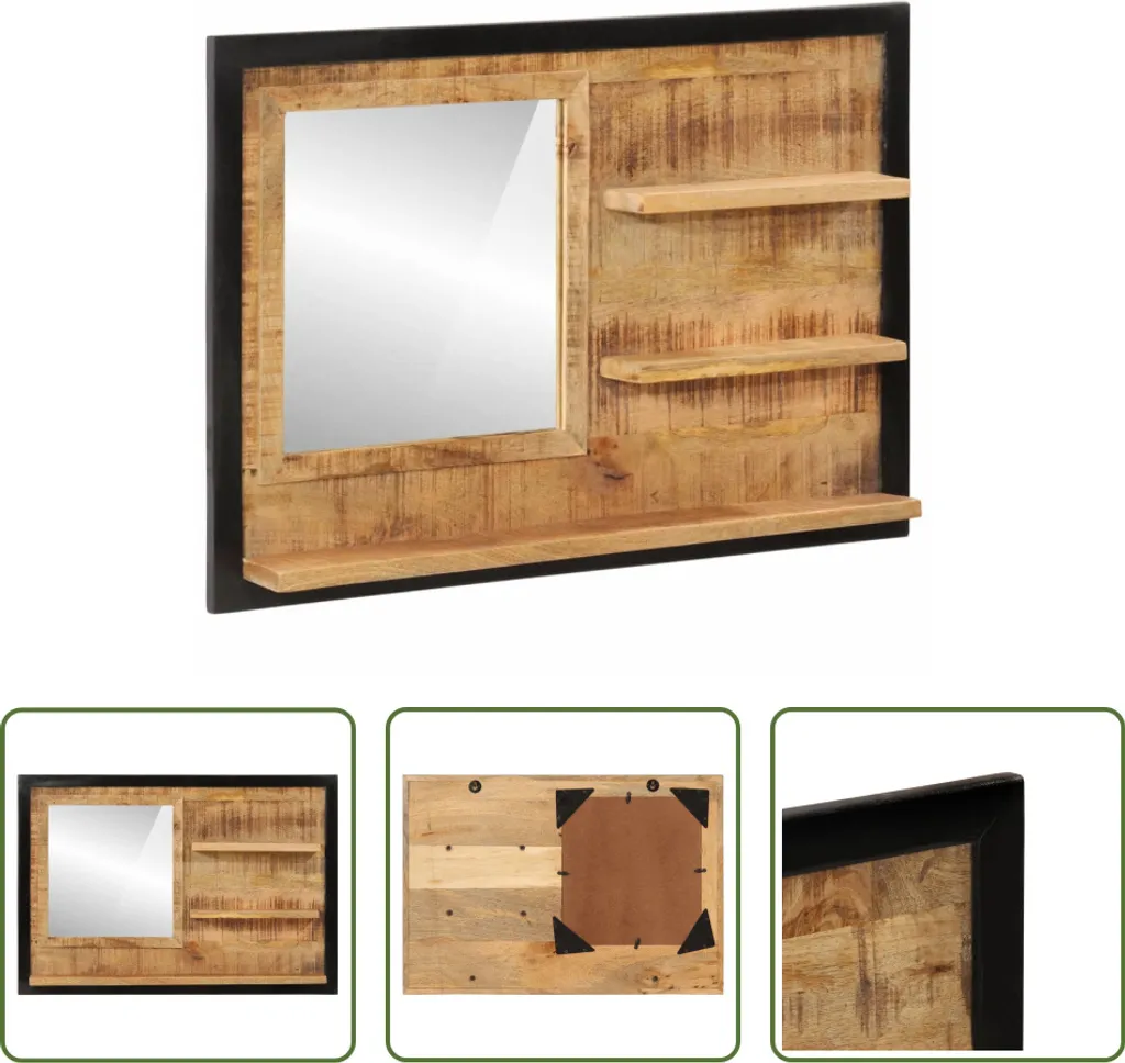 Miroir mural rectangulaire 80x55 cm avec tablettes de rangement bois