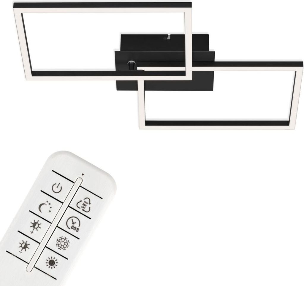 A modern LED ceiling light with two rectangular frames and a remote control.