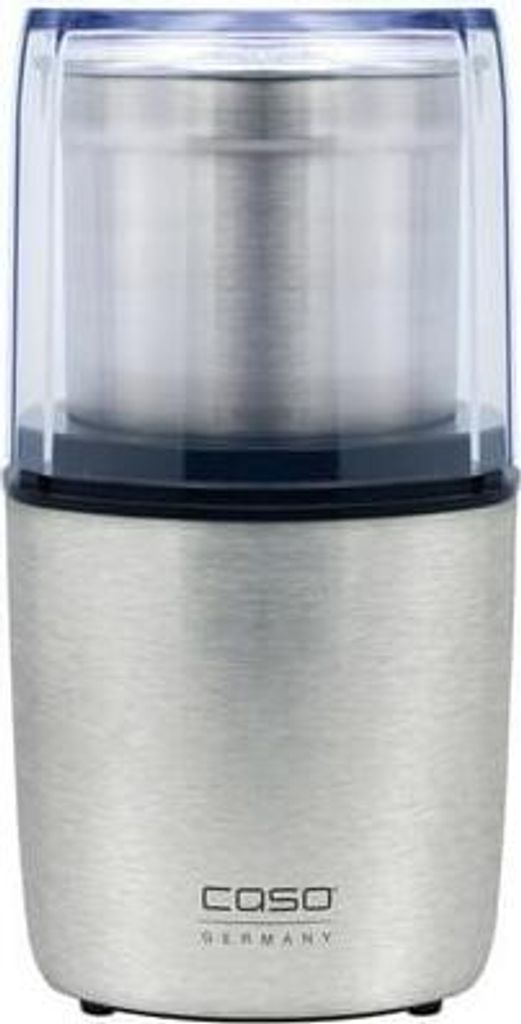 A close-up studio shot of a stainless steel coffee grinder.