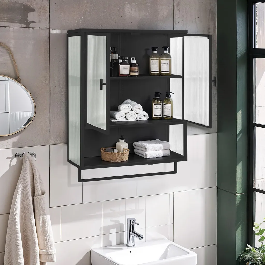 Armoire Murale Salle de Bain MODFU 2 Portes et Étagère Noir 60x23x78 cm