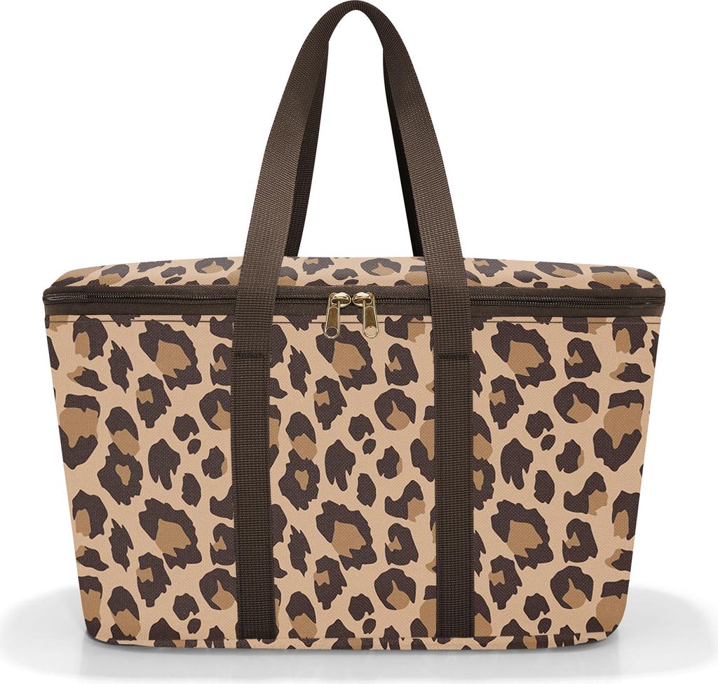 A leopard print cooler bag with brown handles and zippers, shown against a white background.