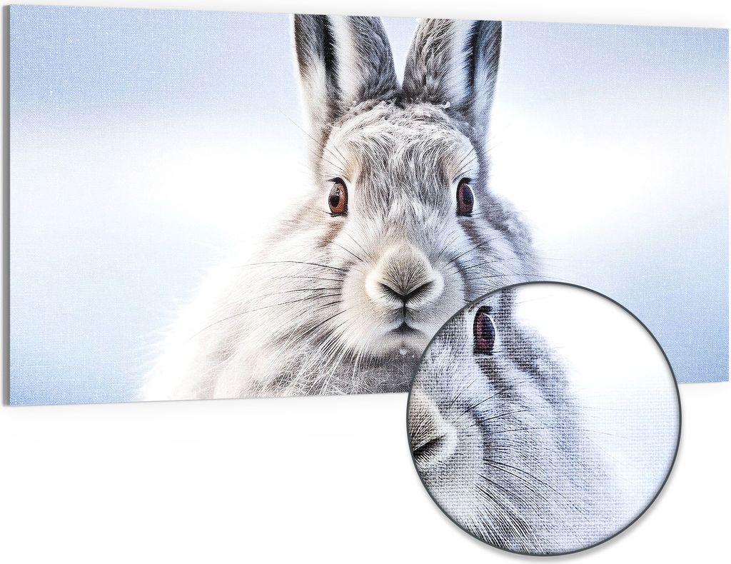 DEQORI Hybrid Leinwand Bild 100x50 cm 'Winterhase im Fokus' Wandbild Glas flach modern