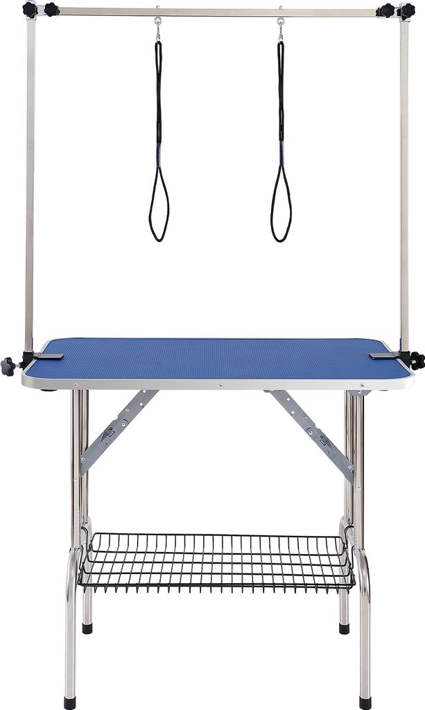 A professional studio shot of a pet grooming table against a white background.