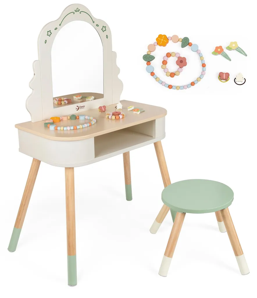 Coiffeuse classique en bois avec miroir et accessoires couleur pastel