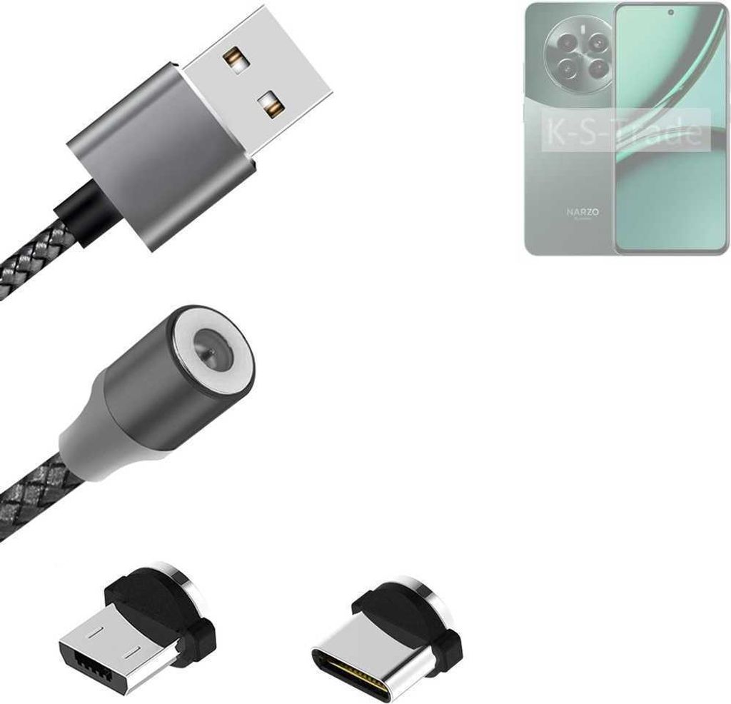 K-S-Trade Hochwertiges Magnet-Lade-kabel Sync-Kabel Daten-Kabel für Realme Narzo 70 Pro 5G mit USB-Typ-C-Anschluss und Micro-USB-Anschluss 2A bis zu