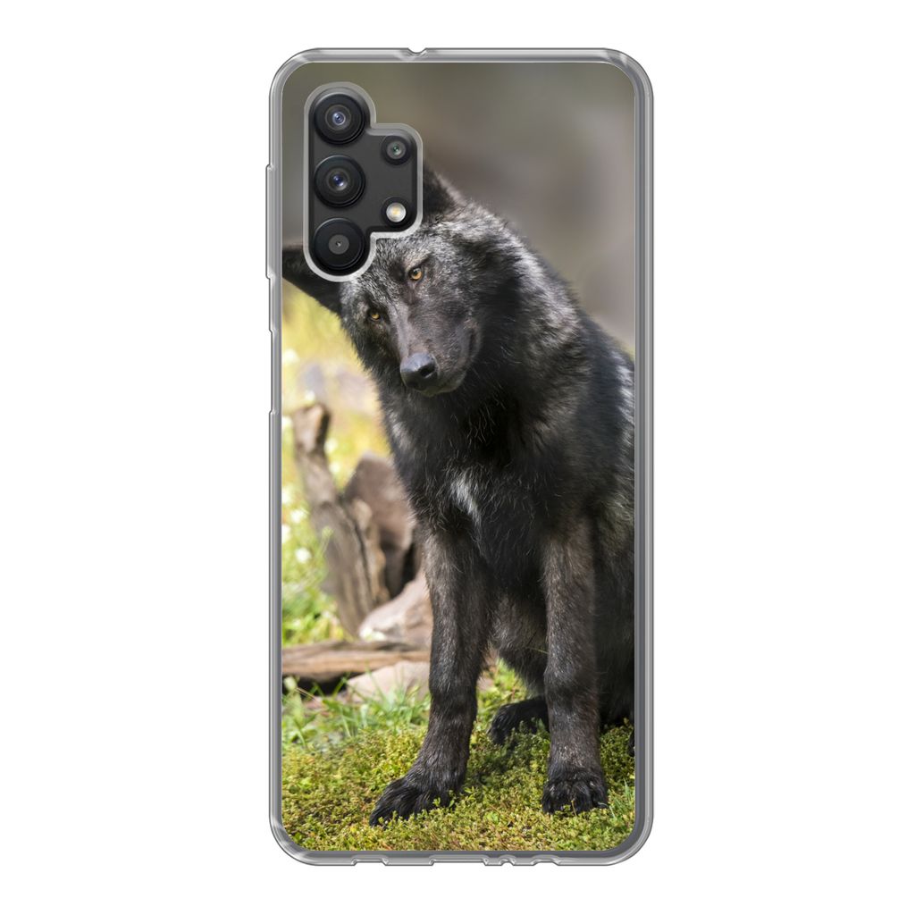 MuchoWow Handyhülle Schutzhülle Hülle für Samsung Galaxy A32 5G Wolf - Schwarz - Gras Silikon Softcase Handy Hülle - Softcase