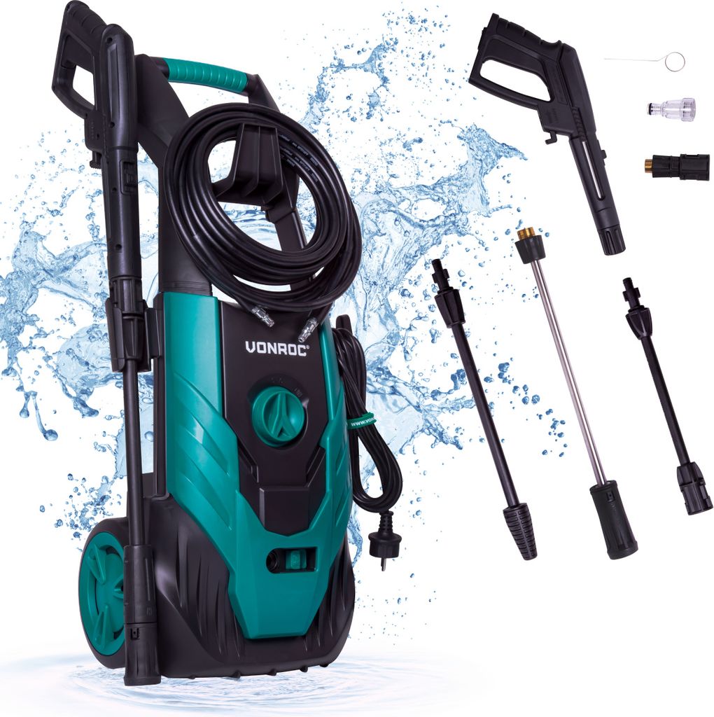 VONROC VONROC Hochdruckreiniger V18-1 1800W – 140 bar – 420 l/h – inkl. 8m Schlauch, Reinigungsmitteltank und mehr