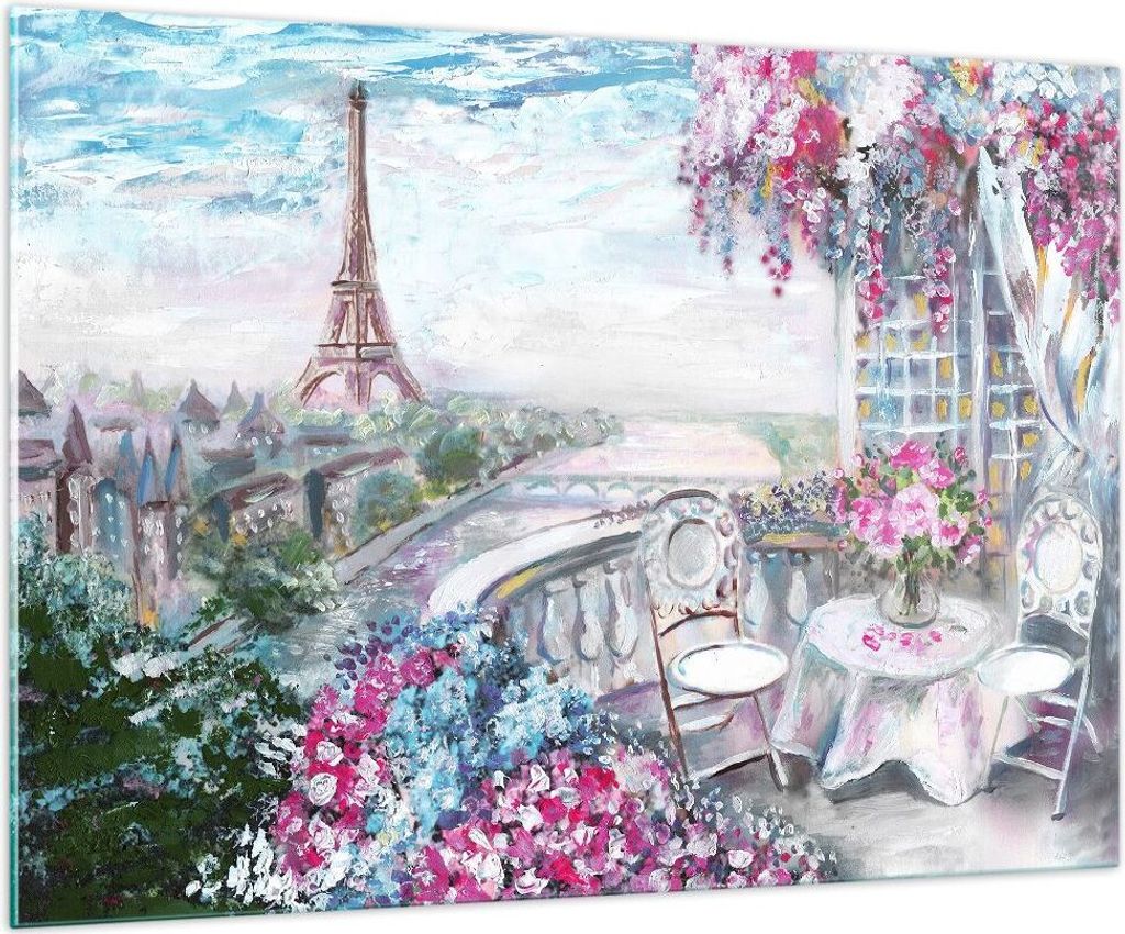 Bilder auf glas - Blumen Eiffle Architektur Balkon - 100x70cm - Glasbilder - Wandbilder - Kunstdruck - zum Aufhängen bereit - Wanddekoration aus G...