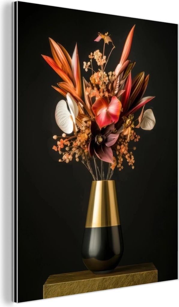 MuchoWow Wanddekoration Metall Metallbild Wandkunst 60x80 cm Exotisch - Blumenstrauß - Vase - Gold MuchoWow Aluminium Gemälde - Wanddekoration Me...