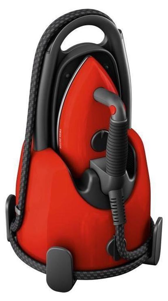 A red and black steam generator iron is shown standing upright in its base.