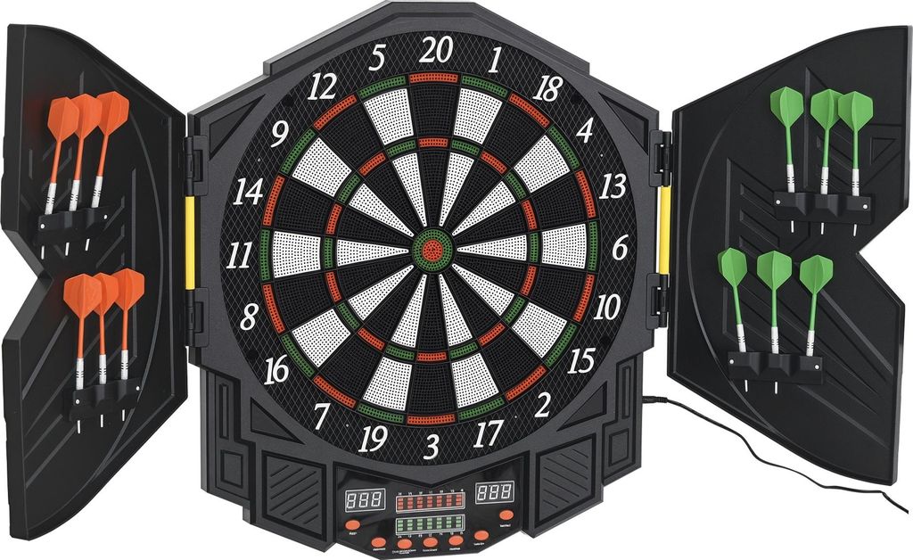 SPORTNOW Elektronische Dartscheibe Dartboard mit Sprachansagen Englische Stimme LED-Anzeigen 12 Darts 27 Spiele 216 Varianten Dartautomat mit Türe...
