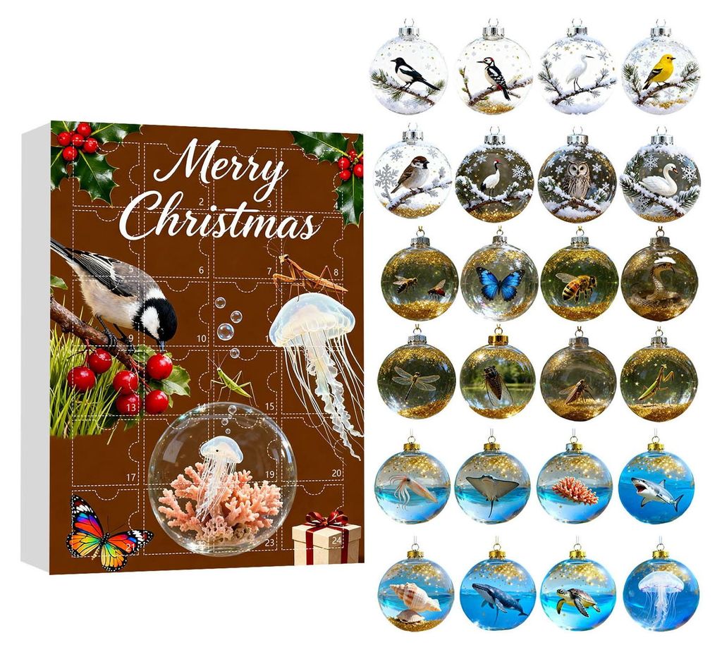 Adventskalender 2025, 24-tägiger Weihnachtskalender mit 24 Tierornamenten, rustikale 2D-Acryl-Tier-Hängedekoration für Zuhause und Partys