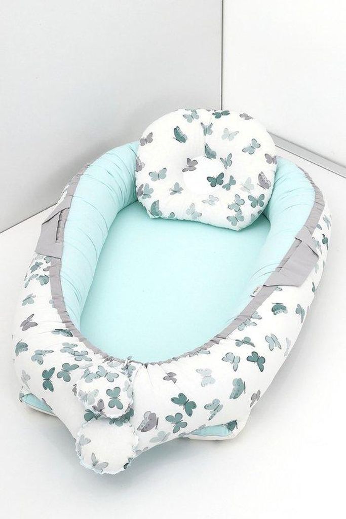 Jaju Baby Babynestchen mit Kopfkissen Baumwolle Grüne Schmetterlinge 95x60