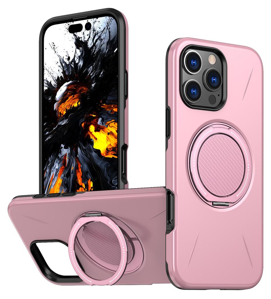 Magnetisch Hülle für iPhone 16 Pro Max, Stoßfeste Weich TPU und Hard PC Schutzhülle mit Ringhalter Ständer Pink