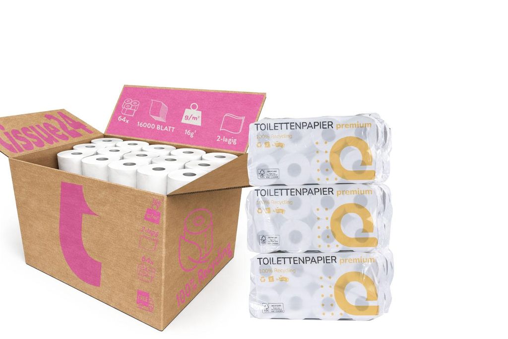 Tissue24 Toilettenpapier Recycling 2-lagig – 64 Rollen à 250 Blatt | Weiß & saugfähig | Für Gewerbe & öffentliche Bereiche