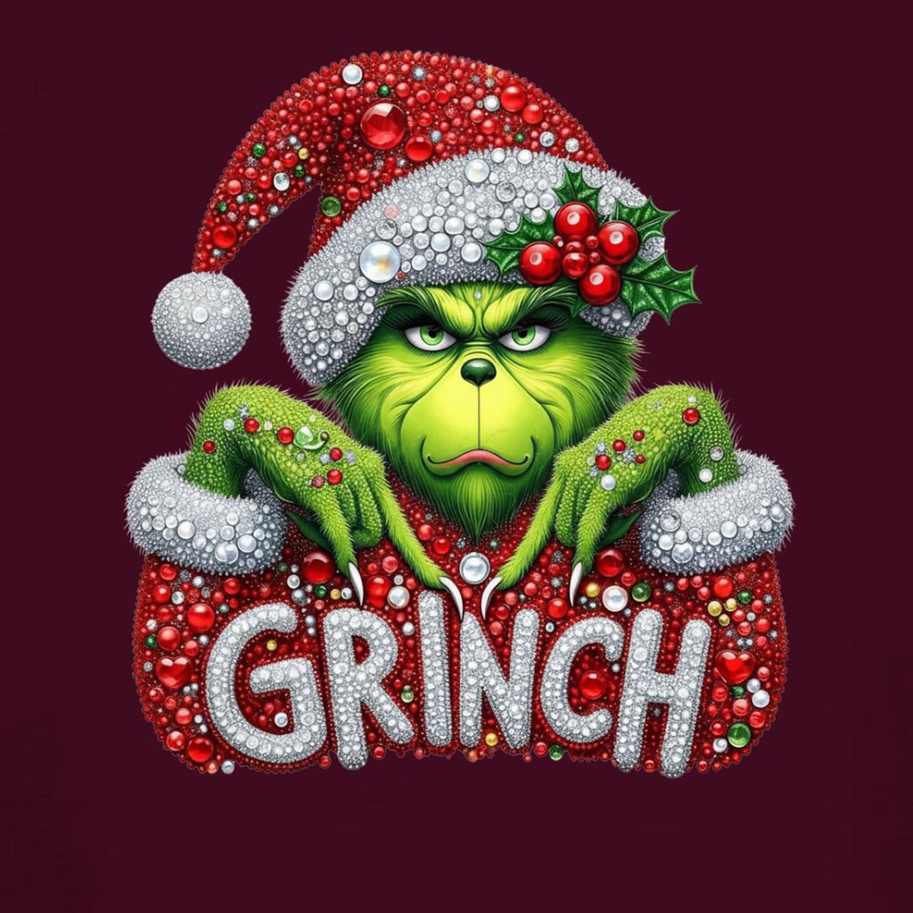 GRINCH Weihnachten Strass Glitzer Optik Weihnachtsgeschenk Damen T-Shirt, Burgundy, L